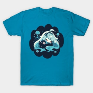 Adorable Anime Chibi Aquarius Zodiac Sleeping Little Astro Girl T-Shirt